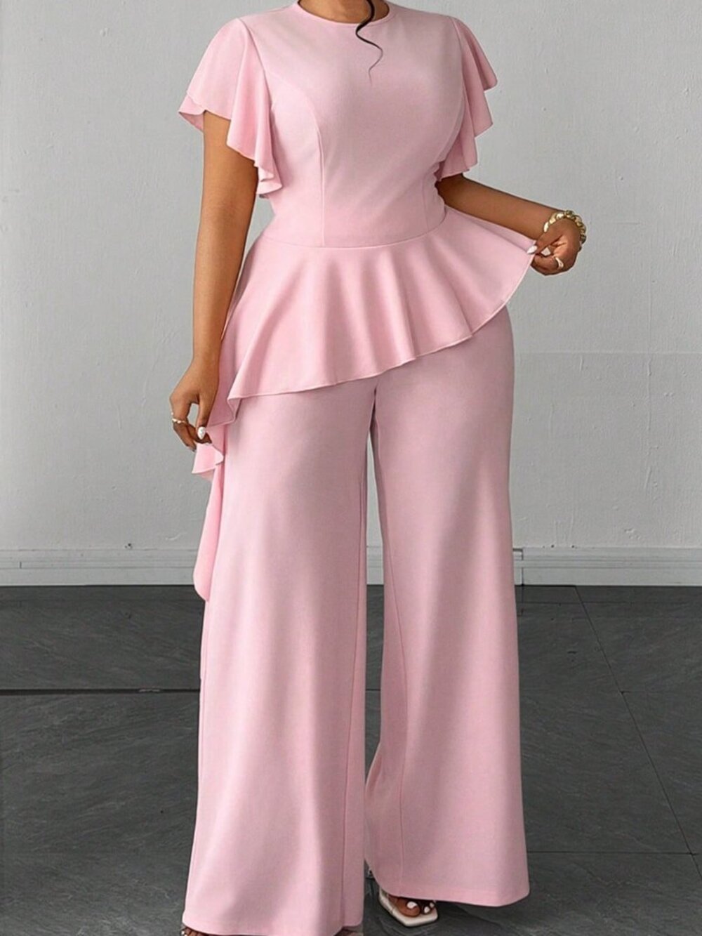 Baby Pink Elegant Women's Plus Size Round Neck Top And Wide Leg Pants Set - Picture 6 of 7